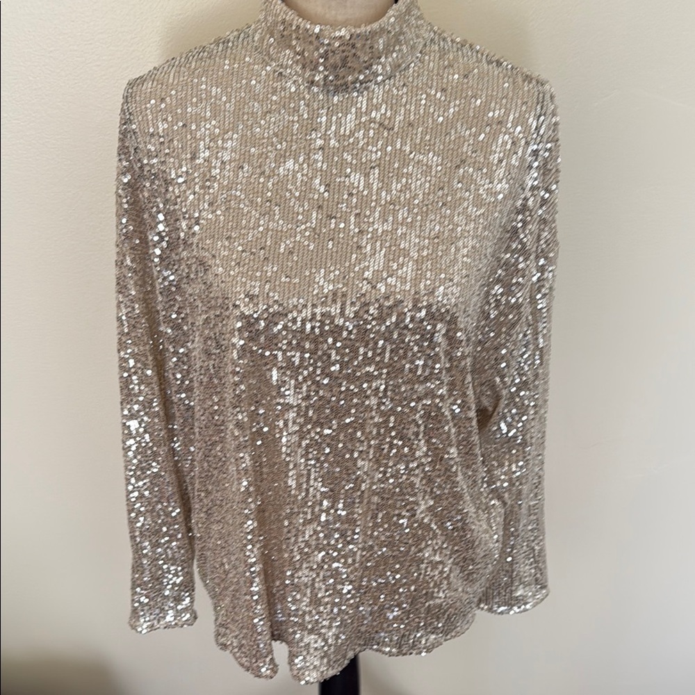 H&M Gold Sequin Long Sleeve Blouse with Mandarin Collar